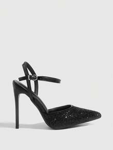 CUCCOO SZL Giày nữ, giày cao gót nhọn mũi màu đen bóng lấp lánh, quai cài mắt cá chân, kiểu dáng thanh lịch, thời trang, gợi cảm, thích hợp cho các bữa tiệc, liên hoan và các dịp khác. - Màu đen - Xem 2