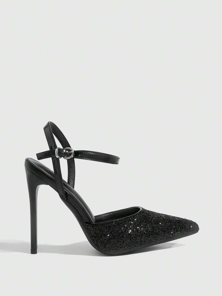 CUCCOO SZL Women Shoes Women's Pointed Stiletto Black Shiny Glitter Ankle Strap Buckle Temperament Elegant Fashion Sexy Women's High Heels Shoes Slingback Shoes Suitable For Parties, Parties, Banquets And Other Occasions Women's Shoes