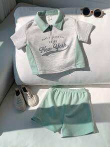 SHEIN 2件套男婴夏季街头休闲运动可爱撞色字母印花POLO领短袖T恤和短裤套装 - 彩色 - 查看 3