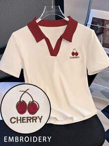 Resyla Áo thun ngắn tay nữ in chữ Cherry phối màu, kiểu dáng thường ngày. - Nhiều màu - Xem 3