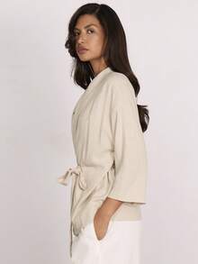 COSMINA Women's Elegant Beige Autumn Office Shirt,Linen Fabric Solid Color 3/4 Sleeve Wrap Design Casual Top,Featuring Collar,Belt,Ideal For Daily Outing - Apricot - View 6