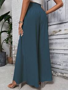 Breezaya Khaki Wide Leg Pants With Waist Bow Decor, Casual Fall Cloth For Women - Blue - View 2