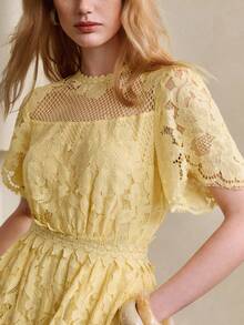 Arave Women's Elegant Lace Round Neck Floral Print Long Dress, Stylish For Date Vacation Yellow Summer - Pale Yellow - View 2