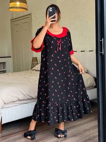Napfluff CURVE Napfluff CURVE Plus Size Women's Red Cherry Print Nightgown, Ruffle Collar & Cuffs Design, Bow Decor, Comfortable Sleepwear For Spring & Summer - Black - View 4