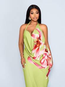 SOLERSUN Große Größen Damen Blume Muster Neckholder Rückenfreies Slip Kleid, sexy und elegantes Maxikleid mit Schlitz, geeignet für Pendeln, Urlaub, Strandpartys, Valentinstag, Frühlings- und Sommerbekleidung, Retro-Mode, minimalistischer Stil, AU Girly Style, Strandwochenend-Kunstzubehör V-Ausschnitt grünes Kleid, Frühlings- und Sommer-Casual-Luxus-Urlaubsstil, gelbgrün blumig, ethereal. - Grün - Übersicht 3