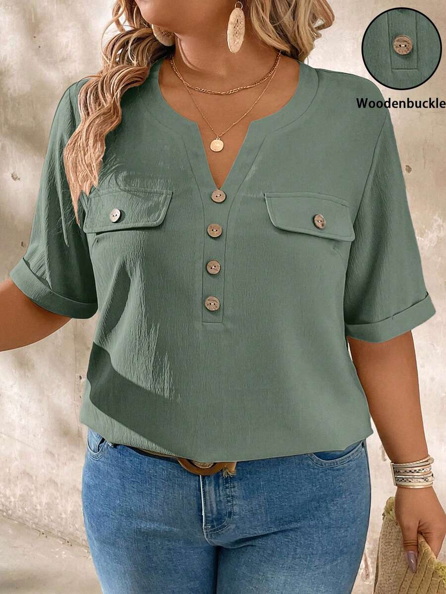 EMERY ROSE Plus Size Casual Notched Collar Wood Button Decor Short Sleeve Shirt - Olive Green - View 1