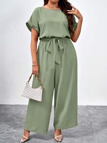 SHEIN Clasi Plus Size Elegant Round Neck Jumpsuit With Waist Belt And Wide Leg - Mint Green - View 1
