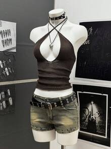 SHEIN HypeZone Streetwear Women's Solid Black Sleeveless Tie-Up Knit Top - Black - View 8
