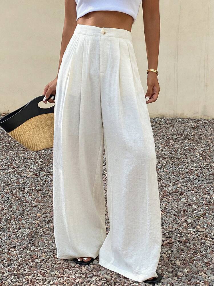 Women's Solid Color Loose Pleated Wide Leg Pants, Elegant Resort Wear For Summer