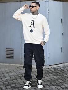 Devon Thys K-GLORY Men's Casual Versatile Poker Element Printed Apricot Crew Neck Sweatshirt - Apricot - View 2
