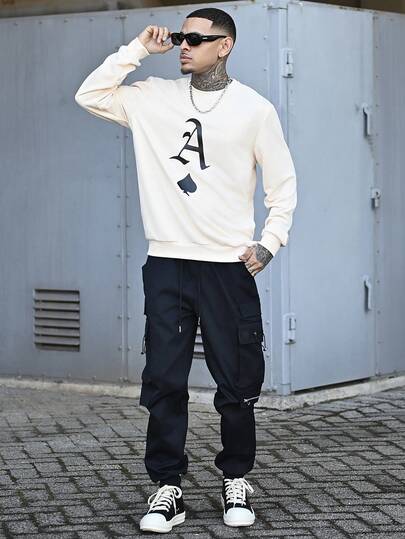 Devon Thys K-GLORY Men's Casual Versatile Poker Element Printed Apricot Crew Neck Sweatshirt