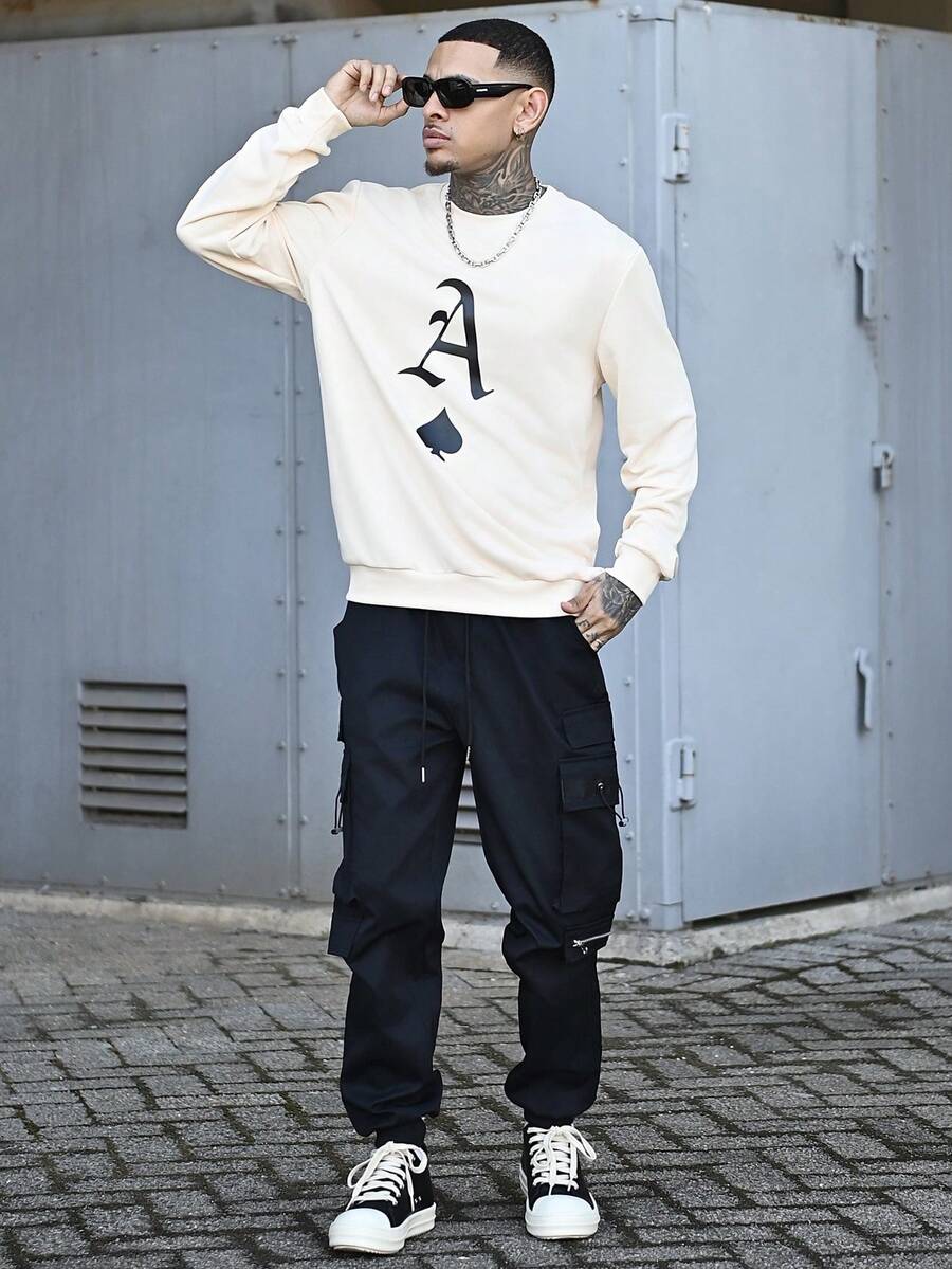 Devon Thys K-GLORY Men's Casual Versatile Poker Element Printed Apricot Crew Neck Sweatshirt