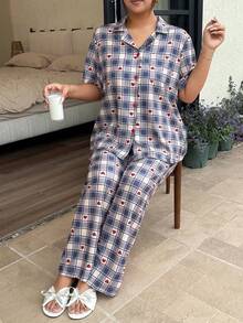 Napfluff CURVE Napfluff CURVE Plaid Print Lapel Short Sleeve & Long Pants Pajama Set, Plus Size - Multicolor - View 5