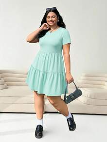Solflare Plus Size Women Solid Color Round Neck Ruched Waist Elegant Party Dress - Mint Green - View 4