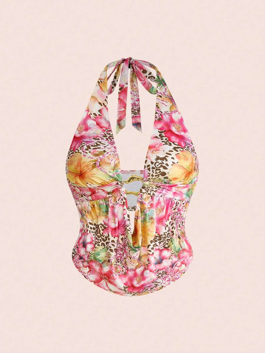 ROMWE Bohemian Tropical Sexy Curvy Plus Size Women Bikini Top Floral Leopard Patchwork Deep V Tie Front Design Vacation Beach Swim Top Push Up Pastel Summer - Multicolor - View 1