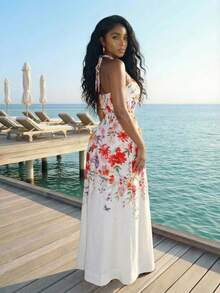 Slaydiva 早春新款、春夏音乐节、情人节、复活节、波西米亚风、游牧风、休闲、简约基础款、邮轮派对、生日派对、日常约会、休闲度假、优雅通勤、小立领、吊带、细肩带、露背A字连衣裙、松紧腰收腰长裙、彩色印花连衣裙、女士长裙 -A - 彩色 - 查看 3