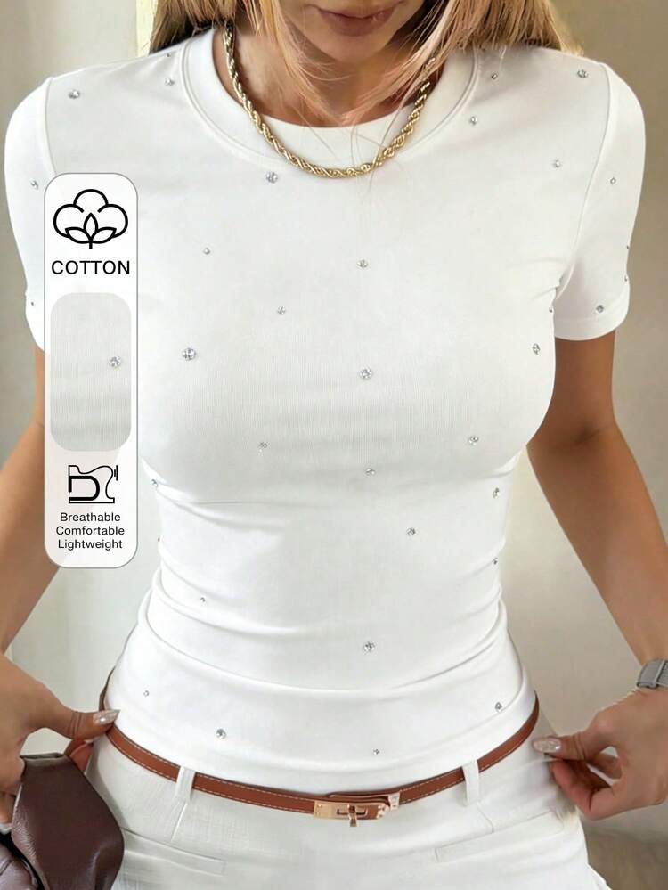 Women's Round Neck Rhinestone Pleated Fitted Casual Daily Short Sleeve T-Shirt Summer