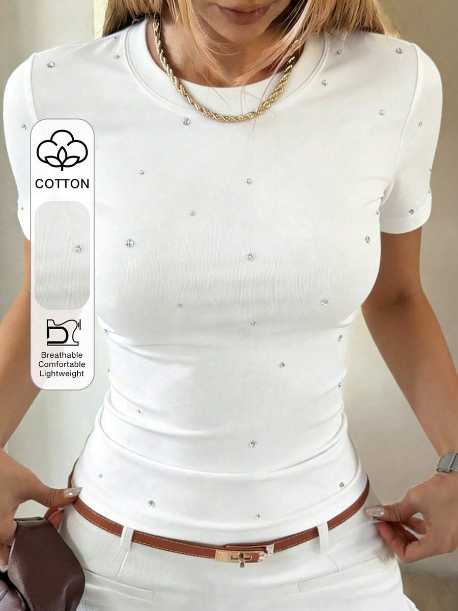 DAZY Áo thun nữ tay ngắn cổ tròn đính đá, xếp ly, ôm dáng, kiểu dáng thường ngày, thích hợp mặc mùa hè. - trắng - Xem 1