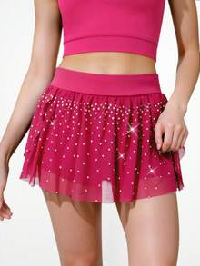 Tween Girls Mesh Rhinestone Fashionable Skirt, Magenta Yoga, Gymnastics Outfit With Sports Skirt - Hot Pink - View 3