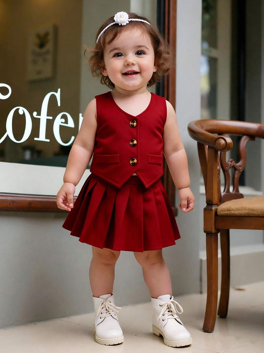 Elladie kids 女婴夏季纯色单排扣上衣和百褶迷你裙两件套 - 酒紅色 - 查看 1