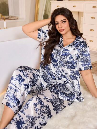 SHEIN Plus Size Faux Silk Elegant Floral Print Short Sleeve Pants Set