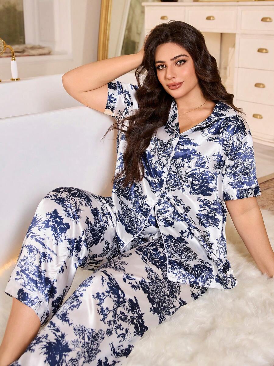SHEIN Bộ quần áo cỡ lớn chất liệu giả lụa, in họa tiết hoa thanh lịch, tay ngắn. - Xanh và trắng - Xem 1
