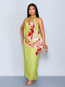 SOLERSUN Große Größen Damen Blume Muster Neckholder Rückenfreies Slip Kleid, sexy und elegantes Maxikleid mit Schlitz, geeignet für Pendeln, Urlaub, Strandpartys, Valentinstag, Frühlings- und Sommerbekleidung, Retro-Mode, minimalistischer Stil, AU Girly Style, Strandwochenend-Kunstzubehör V-Ausschnitt grünes Kleid, Frühlings- und Sommer-Casual-Luxus-Urlaubsstil, gelbgrün blumig, ethereal. - Grün - Übersicht 5