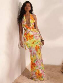 Opulessa Spring & Summer Vacation Knitted Mesh Printed Halter Backless Dress For Women - Light Yellow - View 6