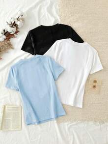 Set Of 3 Slim-Fit Long-Sleeved T-Shirts With Round Neck, 95% Cotton, Minimalist And Casual Style For Women - 多色 14 - 查看 2