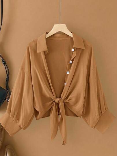 GlowEve CURVE 大码女式纯色落肩长袖单排扣休闲衬衫