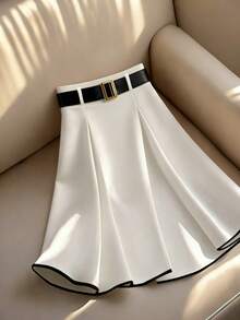 Franclia Women's White And Black A-Line Skirt With Belt,Summer Elegant Office Commuter Minimalist Versatile Metal Buckle Waist Elegant Skirt Skirt For Women - Black and White - View 1