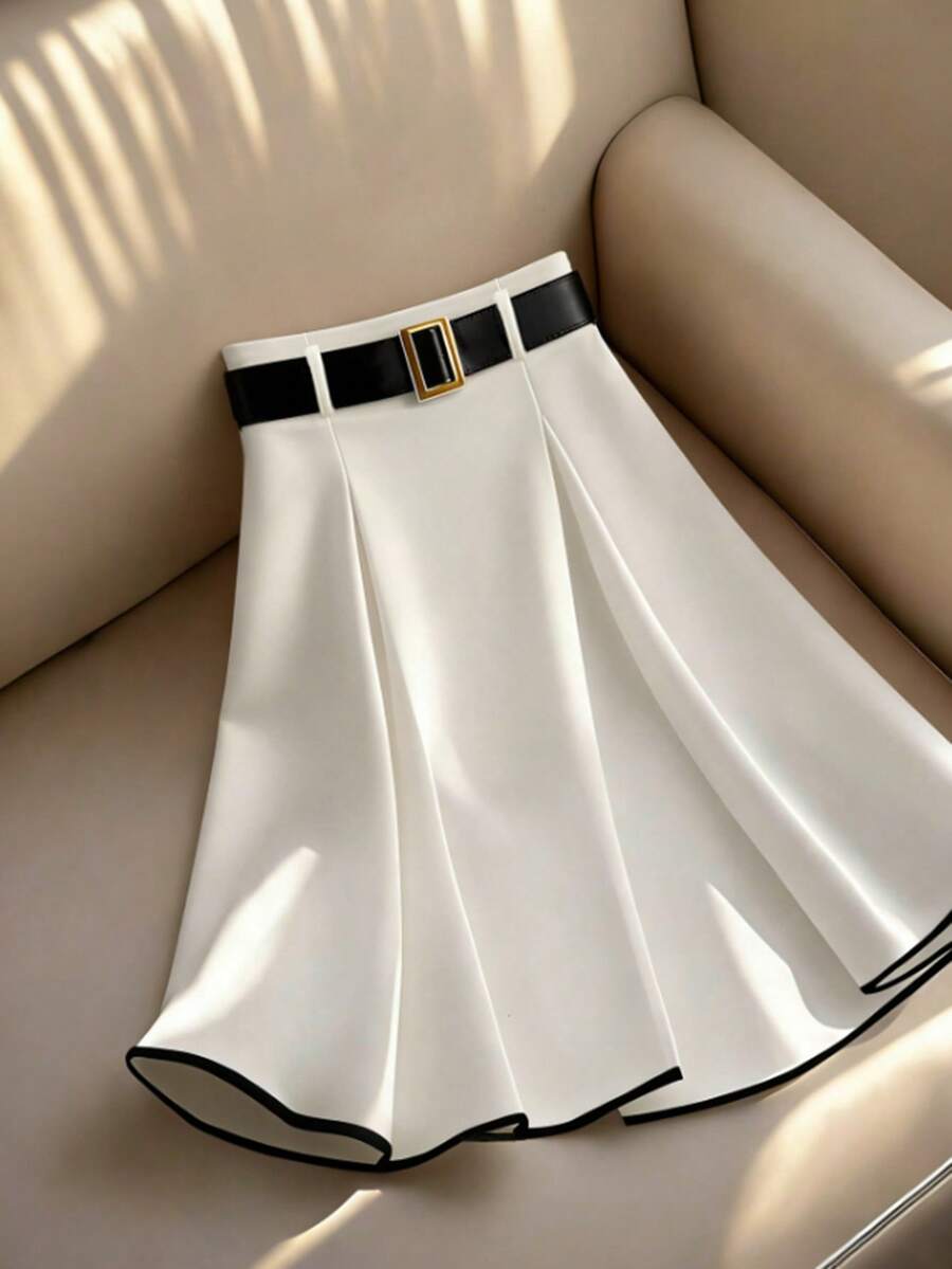 Franclia Women's White And Black A-Line Skirt With Belt,Summer Elegant Office Commuter Minimalist Versatile Metal Buckle Waist Elegant Skirt Skirt For Women - Black and White - View 1