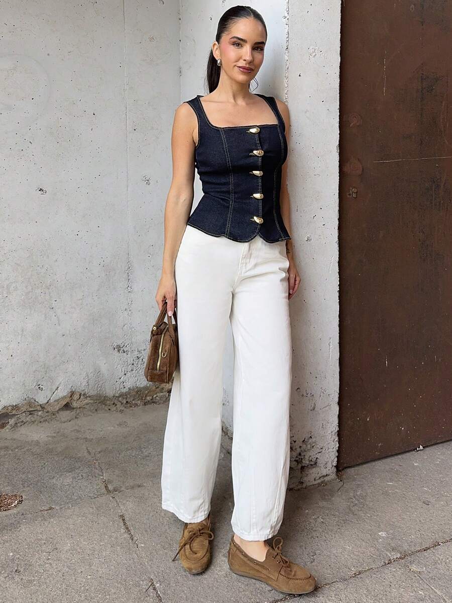 Marta Soriano Áo denim không tay cài nút phía trước cho nữ, thường ngày mùa hè, áo denim không tay cài nút phía trước thiết kế mùa hè thời trang thoải mái ôm vừa vặn phong cách thanh lịch cá tính một món đồ