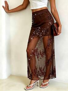 NOVVYNE Luxury Lightweight Sequin Embroidered Mesh Fabric Sexy Fitted Elastic Waist Long Sheer Lined Skirt, Fashionable For Dates,Party Spring/Summer Outfit Summer Skirt - Brown - View 3