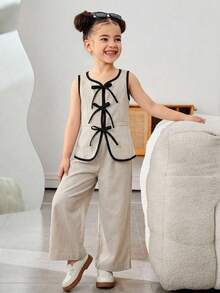 SHEIN 女童撞色蝴蝶结装饰无袖背心和裤子休闲优雅两件套 - 杏色 - 查看 5