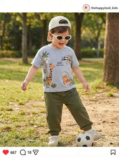 THE HAPPY LOOK 2pcs/Set Young Boy Cartoon Animal Print Soft Knit Crew Neck Short Sleeve Top And Elastic Waist Pants