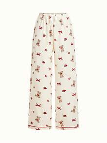 Bonmuse 3pcs Women Spring/Summer Cute Loose Teddy Bear, Cherry Blossom & Bow Print Pocket Front Button Short Sleeve Top, Shorts & Pants Pajama Set, Comfortable Loungewearfor Summer - Beige - View 6