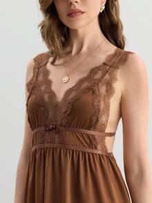 SHEIN 女士性感蕾丝拼接无袖露背睡裙 - 咖啡棕 - 查看 6