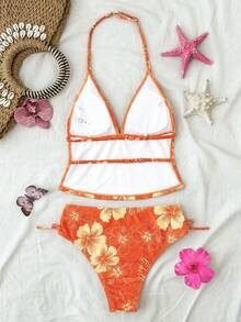 3D立体印花比基尼套装，适合女孩，适合海滩、夏威夷度假 - 橘色 - 查看 2