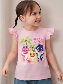 BABY SHARK X SHEIN Camiseta de manga con volantes con estampado de tiburón de dibujos animados para niñas pequeñas - Rosa - Ver 5