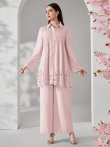 Veilorie 女士纯色褶皱单排扣上衣和阔腿裤休闲两件套 - 淺粉色 - 查看 4