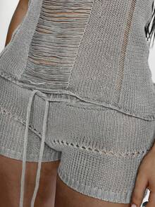 MUSERA 深V领破洞针织高领上衣搭配针织超短短裤套装，性感外出夜游冬季可爱街头风 Feraux 晚宴派对优雅春季毛衣嘉年华假期 - 灰色 - 查看 6