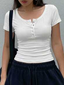Dazy Star Camiseta de manga corta de unicolor casual, versátil para el verano - Blanco - Ver 3