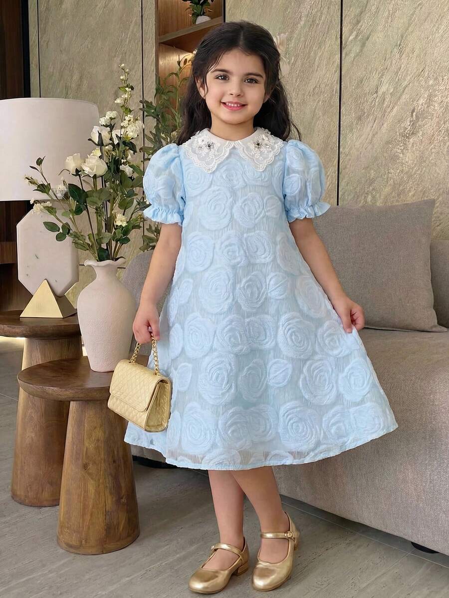 年轻女孩优雅花卉网纱连衣裙 - 藍色 - 查看 1