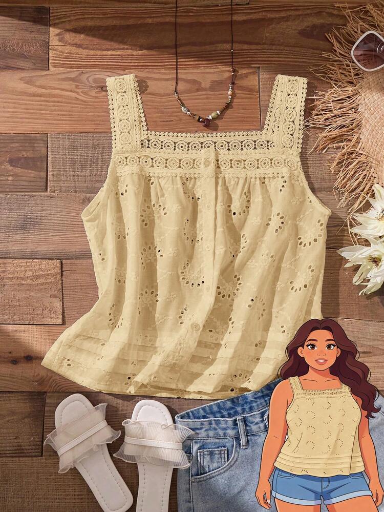 Plus Size Women's Summer Casual Vacation Country   Lace Patchwork Spaghetti Strap Backless Embroidered Yellow Blouse,Plus Size Women's Summer Casual Vacation Country Lace Patchwork Open Back Embroidered Solid Color Yellow Sleeveless Blouse, Summer Holiday,Spring Break,Vacation,Going Out,2026 New,Simple And Fashionable For Everyday Wear,Casual Vacation Boho Top,Suitable For Summer, Vacation, Commute, Daily Wear,Festival Outfits For Women,Country Concert Outfit,Beach Outfits For Women,Western Style