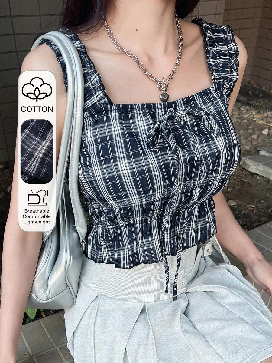 FRIFUL Camiseta de mujer ajustada de cuadros con lazo delantero, para el verano - Azul - Ver 1