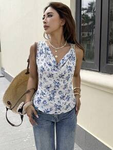 Elyressa Camisa elegante de verano con estampado tejido para mujeres - Azul - Ver 3