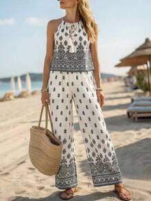 SHEIN Holidaya Conjunto Casual de Verão/Primavera para Mulheres, Camisa Halter com Estampa Floral e Decoração de Borla e Calça com Cintura Elástica, Conjunto de 2 Peças - Preto e Branco - Visão 1