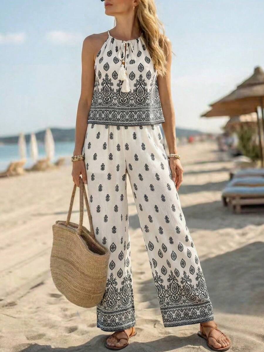 SHEIN Holidaya Conjunto Casual de Verão/Primavera para Mulheres, Camisa Halter com Estampa Floral e Decoração de Borla e Calça com Cintura Elástica, Conjunto de 2 Peças - Preto e Branco - Visão 1