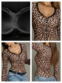 Nuvra 1 pieza Camiseta de mujer cómoda y sexy con estampado de leopardo y encaje - Marrón - Ver 6